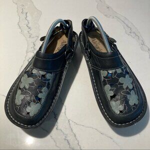 ALEGRIA Sz 36 PG Lite Slide Clog Slingback Black Teal/Gray Floral Cutout Sandals